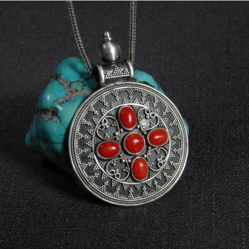Handmade 925 Silver Nepalese Pendant Necklace Bohemia Pendant Necklace Silver Tibetan agate Pendant