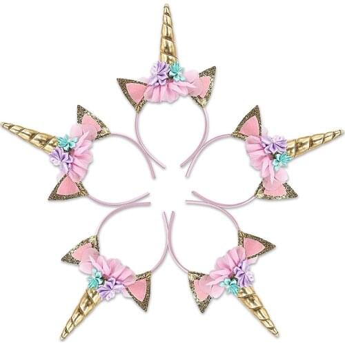 Gold Glitter Unicorn Horn Headband Flowers Ear Headbands For Girl Birthday Party Decorations Supplies Headwear Accessory