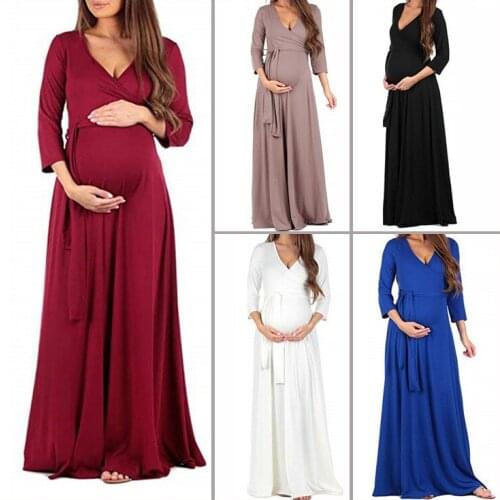 Bottoming Dresses Maternity Clothes For Pregnant Women Dress Long Belt Solid V-neck Pregnancy Dress Mother Wear Clothing