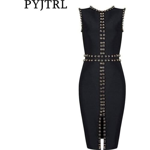 PYJTRL Women Sleeveless Bandage Dress Sexy Front Split Celebrity Party Elegant Bodycon Midi Dress