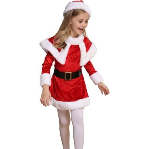 Christmas Party Cosplay Costumes Santa Claus Princess Halloween Carnival Hat Dress Belt Set Children Red White 5 Size Girls 2021