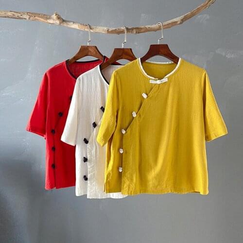 Shanghai Story Linen Cotton Tee for Women Half Sleeve Chinese Button T Shirt