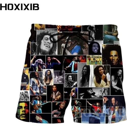 HOXIXIB Men Shorts Summer Camping Loose 3D Print Reggae Music Singer Bob Marley Shorts Women Homewear Black Elastic Unisex Pants