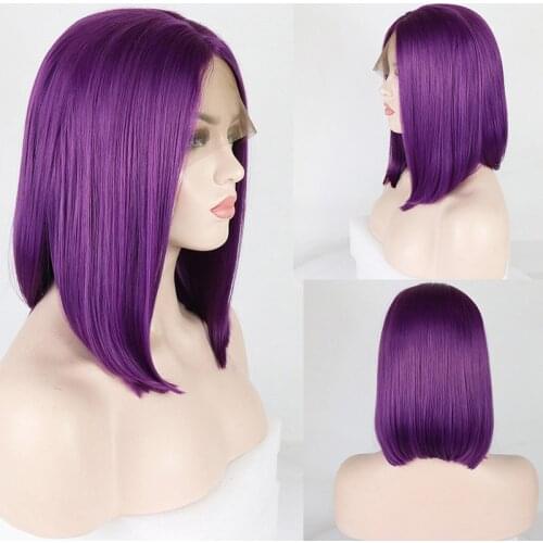 Purple Short Cut Bob Lace Front Wig Synthetic For Black Women Heat Resistant Straight Babyhair Natural Hairline Glueless Cosplay