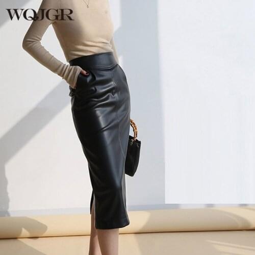 WQJGR 2021 New Autumn PU Leather Skirt Women Korean Fashion Style High Waist Elegant Office Lady Mid-calf Black White Brown