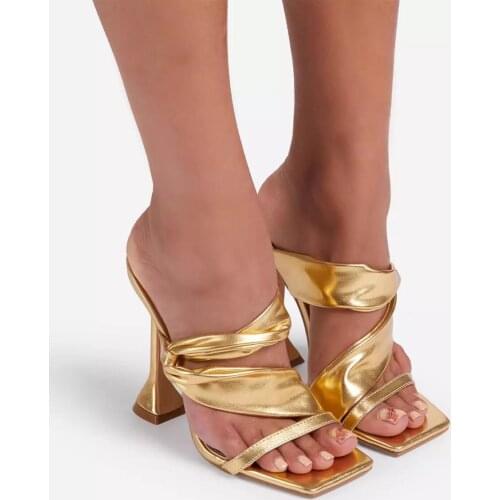Summer new heels large size womens fish mouth high heels sandals and slippers womens fine-heeled gold shoes womens sandals 42
