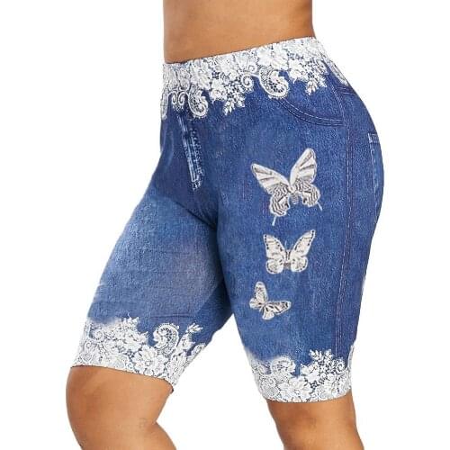 2021 Plus Size Summer Fashion High Waisted Shorts Lace Patchwork Butterfly Print Shorts Skinny Sports Minipants Hot Short Pants