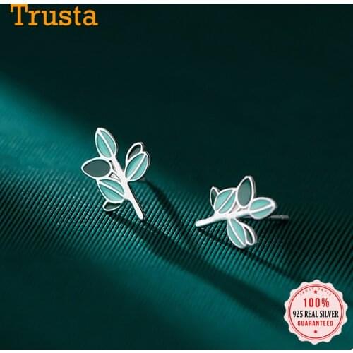 TrustDavis Real 925 Sterling Silver Fashion Green Glaze Leaves Stud Earrings For Women Wedding Birthday Present Jewelry DB340