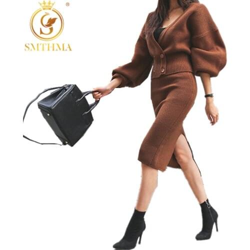 SMTHMA 2021 New Arrival High Street Women Knitting Lantern Sleeve Single-Breasted V-Neck Tops+Two Piece High Waist Skirt Set