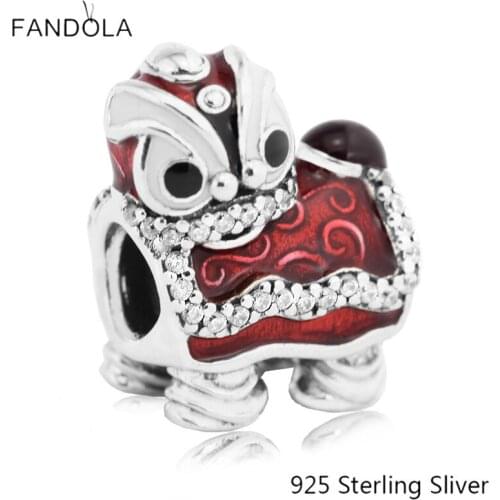 100% Silver Chinese Lion Dance Charm 925 Sterling Fits for Brand Charm DIY Women Bracelets Autumn Jewelry Series