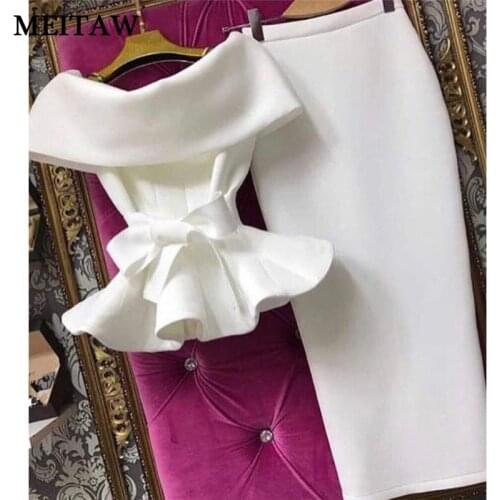 Women Bow 2 Piece Set Lace Off Shoulder Solid Top 2021 Casual Short Sleeve Ruffle Hem Shirts Bodycon Skirt Sexy Club Party Suits