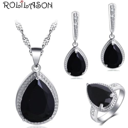 ROLILASON Weeding Gift For Women Black Cubic Zircon Water Drop Design Earrings Necklace Rings Jewelry Sets JS743