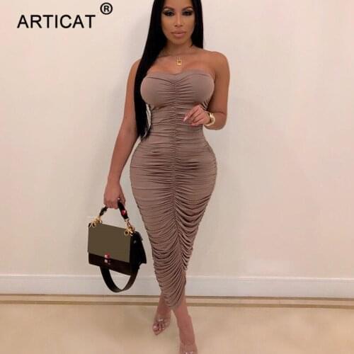 Articat Strapless Pleated Sexy Bandage Dress Women Skinny Slim Elastic Bodycon Dress Stretchy Backless Wrap Long Dress Vestidos