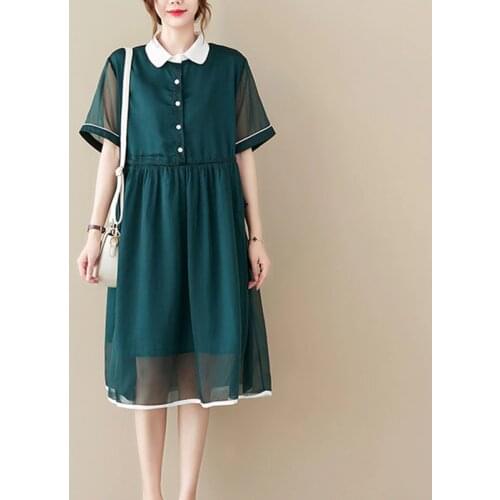 2021 New Arrival Patchwork Korea Style Chiffon Fashion Women Summer Casual Dress Slim Waist Office Lady OL Work Dress