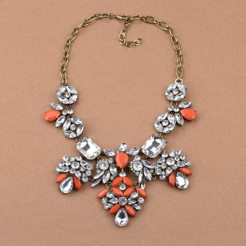 Women Bridal Neon Orange Rhinestone Crystal Statement Necklace Wedding Dress Jewelry Vintage Alloy Glass Necklaces Pendants