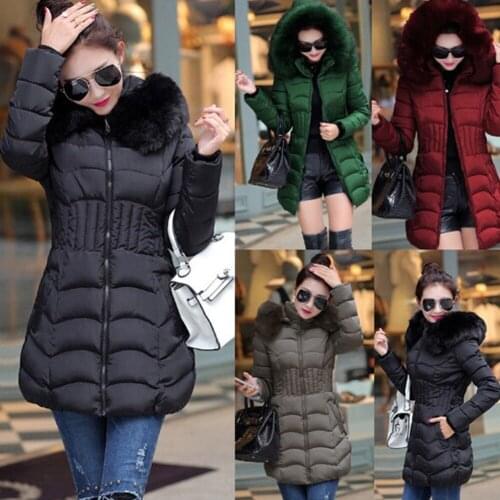 Winter womens warm pure color with a slim long-padded fur collar and hooded coat in 5 colors#228175