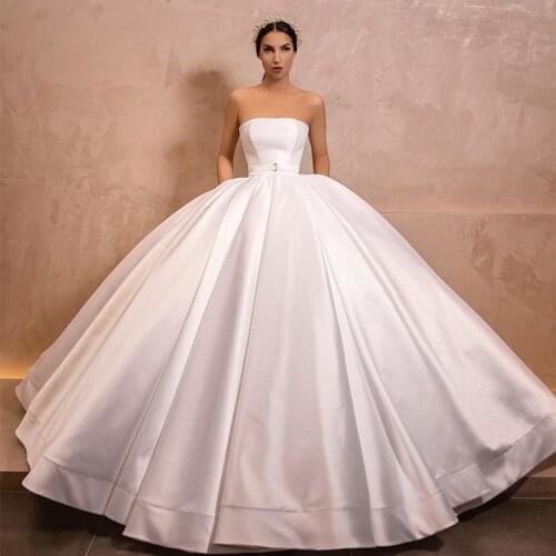 2020 Spring Romantic Strapless Lace Up Ball Gown Glitter Satin Women Wedding Dresses