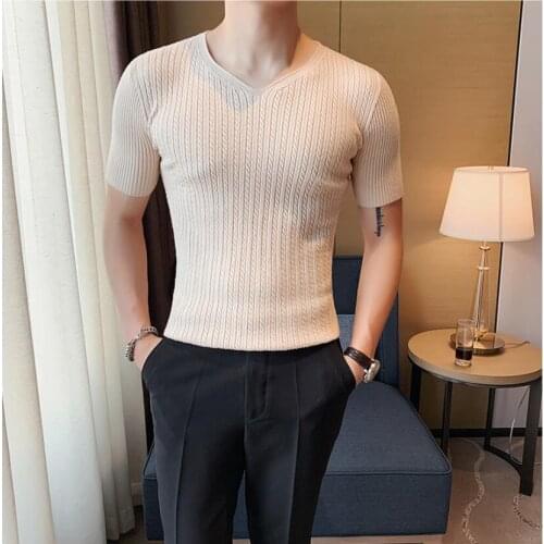 2021 Brand clothing Mens summer High quality Casual knit T-shirt/Male slim fit Fashion V-neck Short sleeve T-shirt Black white