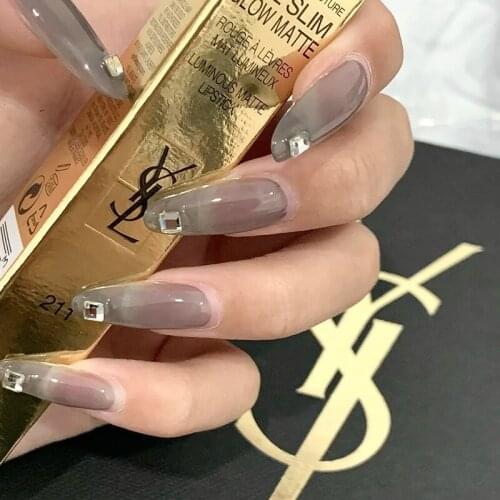 24pcs Grey Nails Patch with Diamond Glue Type Long Paragraph Fashion Manicure Patch False Nails Save Time Nail Patch -VL16