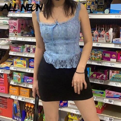ALLNeon Vintage Y2K Cute Black Lace Bustier Top Egirl Streetwear Backless Spaghetti Strap Cropped Tanks Sexy Outfits Transparent