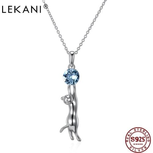 LEKANI 925 Sterling Silver Sexy Kitten Blue Crystal Pendant Necklace Attractive Kitty Women Chains Unique Fine Jewelry 2020
