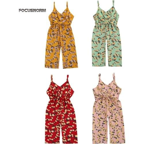 FOCUSNORM 1-6Y Kids Girls Floral Rompers Pants Sleeveless V Neck Belt Summer Jumpsuits 4 Colors