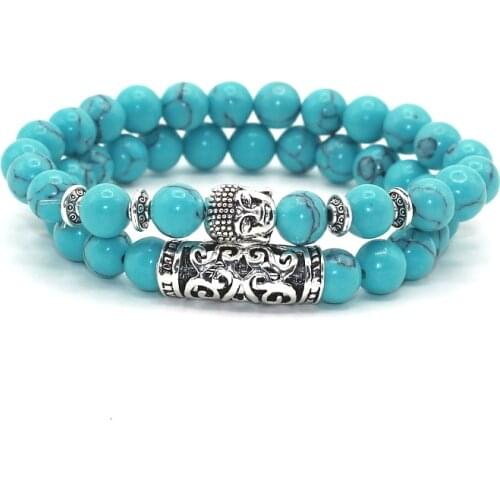 2 pcs/set Antique Silver Plated Buddha Head Charm with Lava Onyx Turquoises Natural Stone Beads Bracelet Set Pack For Men Women