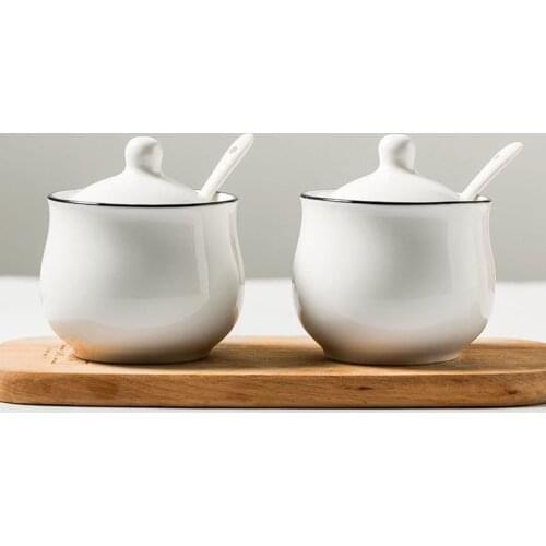 Creative Ceramic Seasoning Bottle Sugar Salt Bowl Seasoning Box Set With Spoon+Bamboo Stand Kitchen Storage Jar