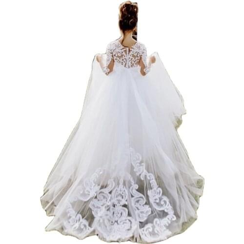 Ivory Lace Flower Girl Dress Sleeves Girl Wedding Party Dress First Communion Gown Lace Train Baby Dress Cute Child Dress