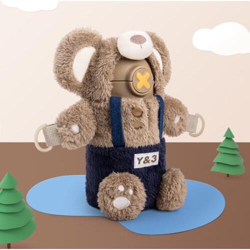 Cute Bear Kids Thermos Bottle with Plush Cover Vacuum Flask with Straw Insulated Cup 316 Stainless Steel Tumbler Chrismas Gifts