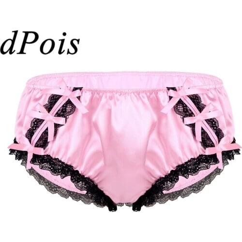 Sissy Mens Shiny Soft Ruffled Floral Lace Satin Lingerie Low Rise Panties Stretchy Bikini Briefs Underwear Sexy Male Underpants