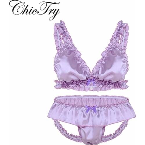 Male Mens Sissy Lingerie Panties Soft Satin Elastic Frilly Ruffled Lingerie Set Bikini Bra Top with Open Back G-string Underwear