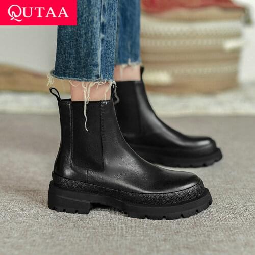 QUTAA 2022 Autumn Winter Ankle Boots Fashion Flat Heel Slip On Women Shoes Retro Square Toe Cow Leather Short Boots Size 34-39