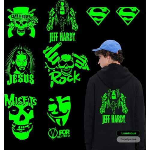 Rock Hippie Luminous Ironing Stickers Metal Band Patches for Clothing Iron on Patches for Hoodie T-shirt thermal transfer Stripe