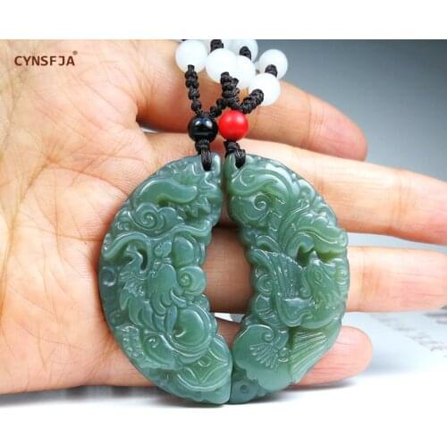 CYNSFJA Real Certified Natural Hetian Jade Amulets Lucky Dragon Phoenix Jade Pendants Green High Quality Best Gifts One Pair