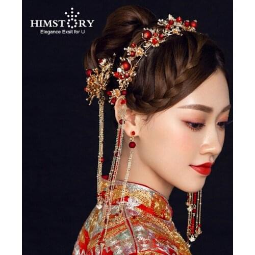 HIMSTORY Retro Chinese Style Traditional Bridal Headdress Hairpin Red Pearls Gold Long Tassel Headband Wedding Accessories
