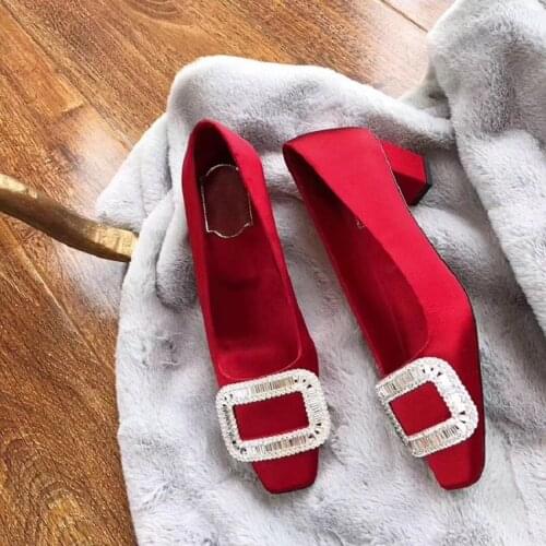 Spring rhinestone square buckle mid-heel square toe thick heel single shoes satin high-heel bridal party dress womens shoes
