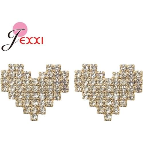 Romantic Women 925 Sterling Silver Earring Studs Shiny Crystals Full Paved Heart Shape Stud Earrings For Wife/Daughter