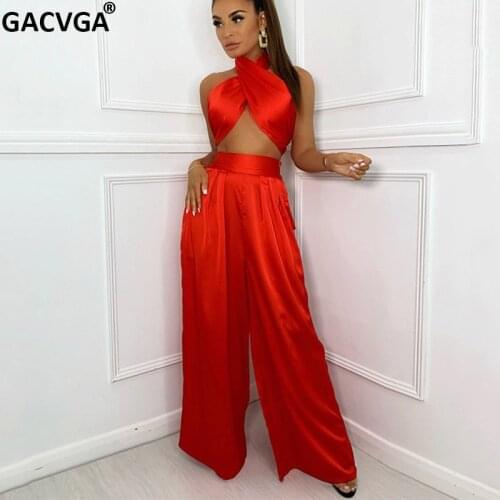 GACVGA Sleeveless Two Piece Sets For Women Fashion Halter Crop Tops Wide Leg Pants Suits Beachwear Summer Backless Matching Set