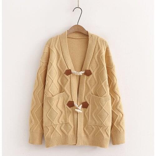 2021 Autumn Winter Casual Vintage Cardigans Sweater Women Korean V Neck Wooden Button Twist Loose Clothing Female Outwear Tops