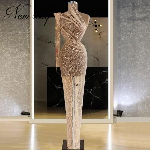 Elegant See Through Prom Dresses Beaded Sequins Party Dress 2021 Customized Robe De Soiree Celebrity Evening Wear Arabic Dubai