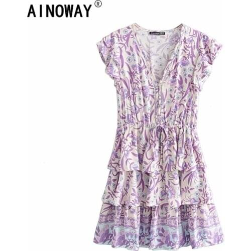Vintage chic women butterfly sleeve v-neck floral print beach Bohemian mini dress Ladies rayon cotton Boho dress vestidos