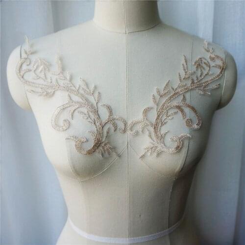 2PCS Light Brown Embroidered Leaf Lace Fabric Gown Appliques Sew On Patches For Wedding Decoration Dress DIY
