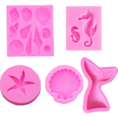 5Pcs/Set DIY Shell Starfish Conch Sea Silicone Mold Mermaid Tail Seahorse Fondant Sugarcraft Mould Cake Decorating Tools