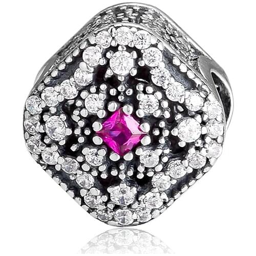 100% 925 Sterling Silver Fairytale Treasure Bead, Cerise Crystal & Clear CZ Charm Fits Charms Bracelet Beads for Jewelry Making