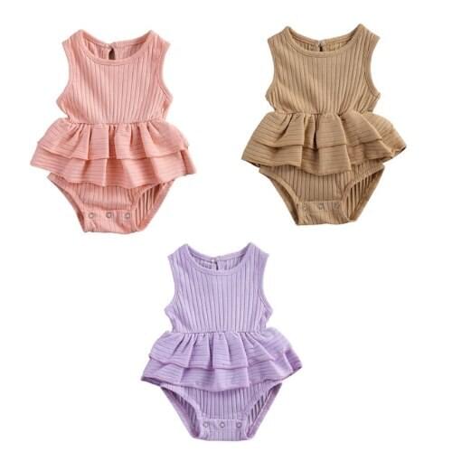 Cathery Summer Baby Girls Romper Toddler Kids Baby Girls Ribbed Knitted Sleeveless Ruffles Romper Jumpsuits One-Pieces Outfits