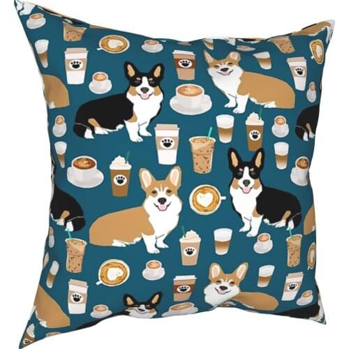 Corgi Coffees Pillowcase Decoration Pet Dog Kawaii Cushions Throw Pillow for Sofa Polyester Double-sided Printing