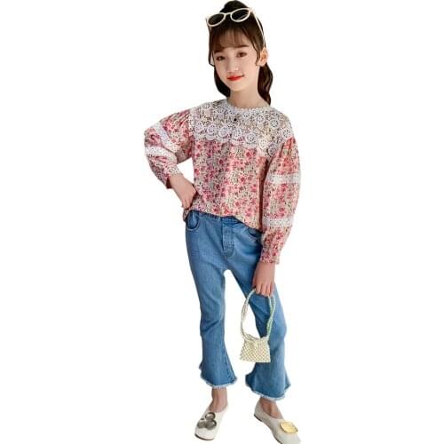 Children Clothes Lace Blouse + Jeans Tracksuits For Girls Floral Clothes For Girl Patchwork Tracksuit Kids