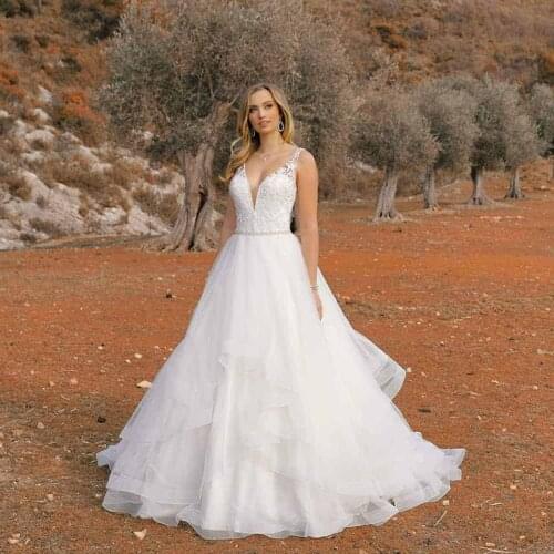 Elegant V Neckline Lace Beach Wedding Dresses Ruffled A Line Tulle Bridal Gowns with Beaded Belt vestido noiva sereia