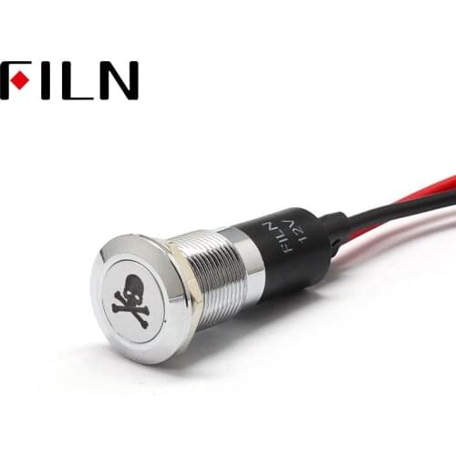 FILN 12mm Car dashboard skull symbol led red yellow white blue green 12v led indicator light with 20cm cable
